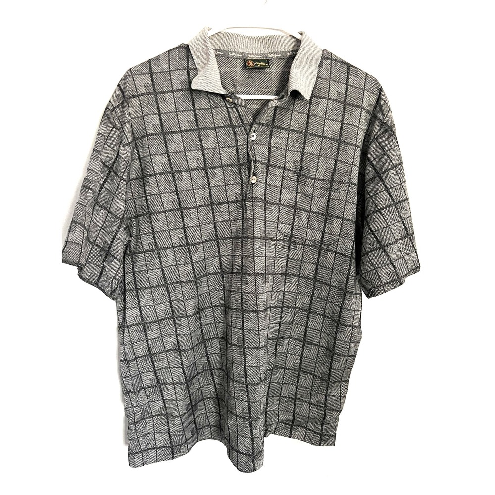 Bobby Jones Polo Shirt Mens Large Gray Black Checkered Made Italy Golf Cotton